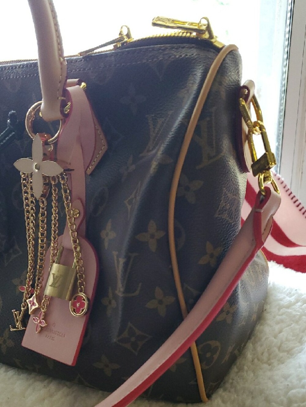 Brown Monogram Satchel with Pink Strap and Gold Hardware - Picture 4 of 11